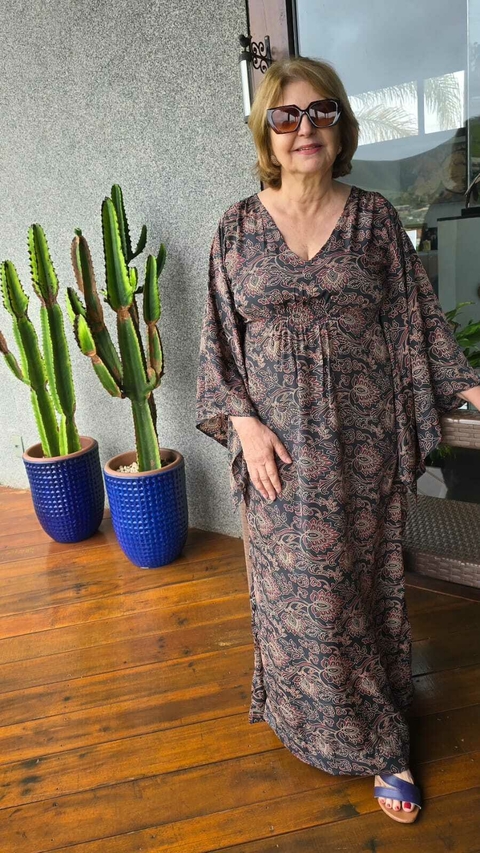 Imagem do KA-0022A-Kaftan indiana mangas poderosas flores rose fundo preto