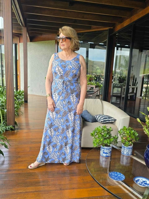 VE-0825A- Vestido longo liganete estampa flores fundo azul hortênsia - comprar online