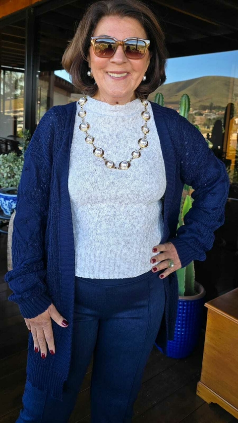 CS-0344 - Cardigan tricot trabalhado e detalhes losangos nas mangas, marinho - comprar online