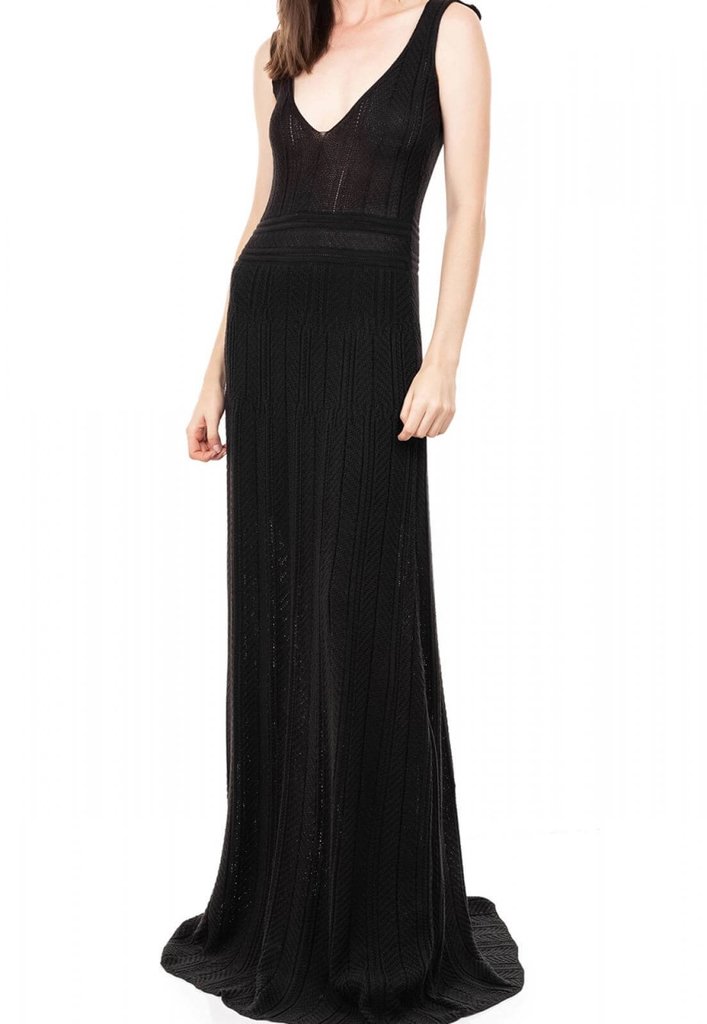 Vestido Longo Pink Tricot Decote V Rodado Preto