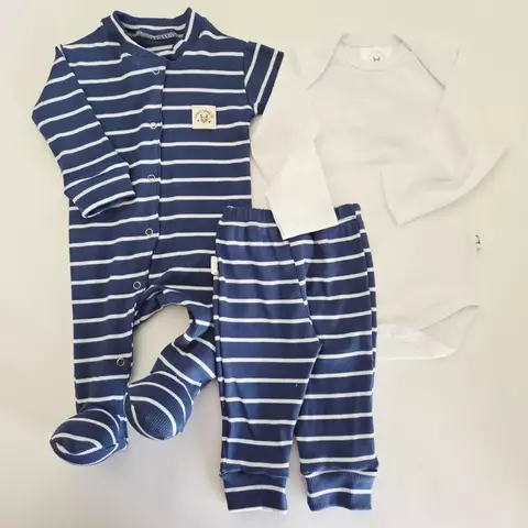 Conjunto morley rayado azul. Enterito con pie, body blanco + pantalòn - Talle 1 - comprar online