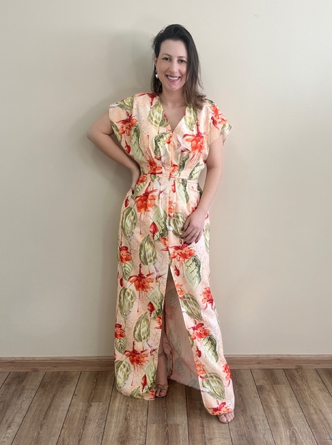 Vestido longo floral com fenda Erica