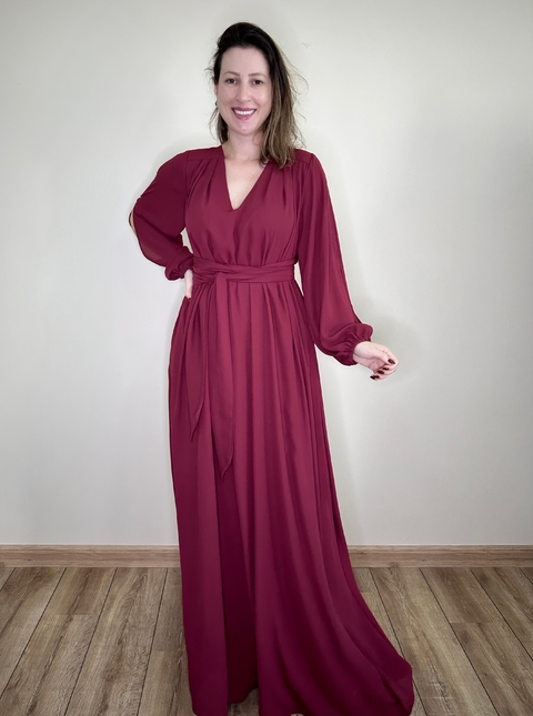 VESTIDO LONGO COM MANGA Marsala MONIÊ