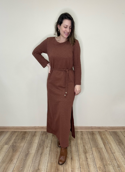 VESTIDO longo marrom com manga longa e cinto Lidia