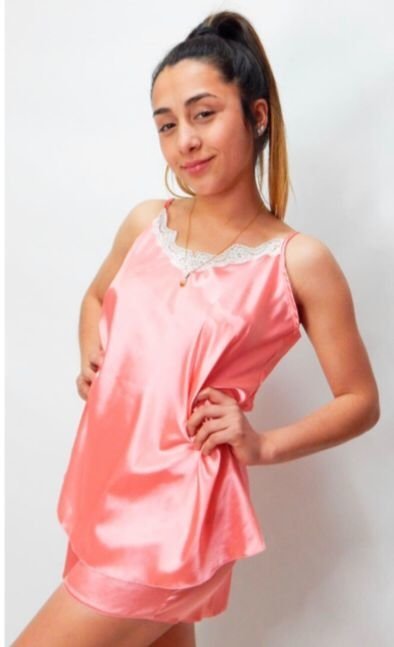 Pijama de seda lisa con puntilla - LUCIA NAVARRO 9245