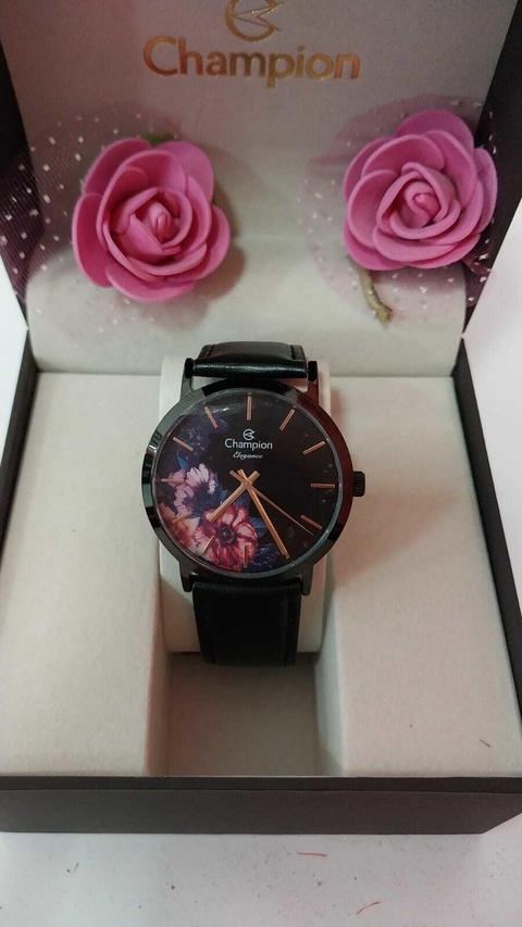 Relogio Champion Feminino Preto Couro Floral CN20720M