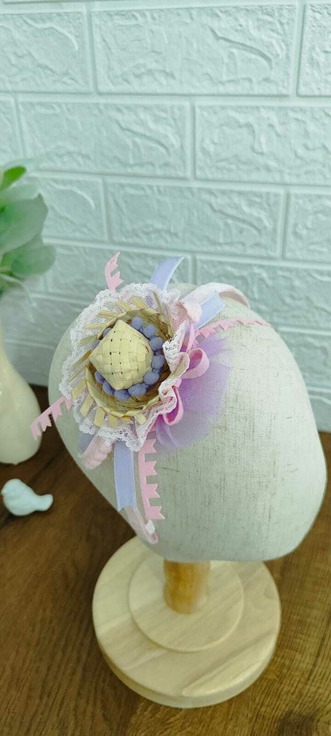 Tiara chapéu de palha junino rosa