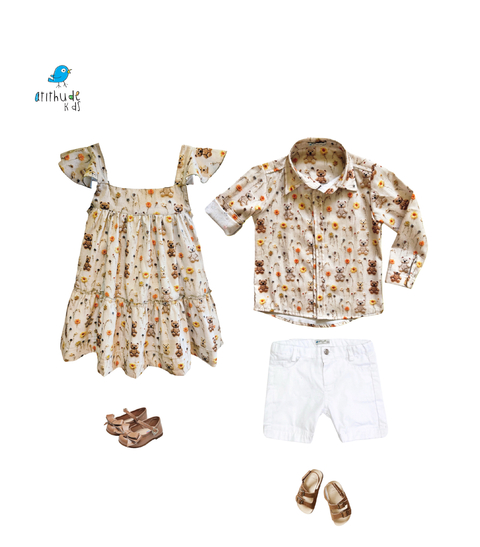Conjunto irmãos ursinho floral - Camisa e Vestido