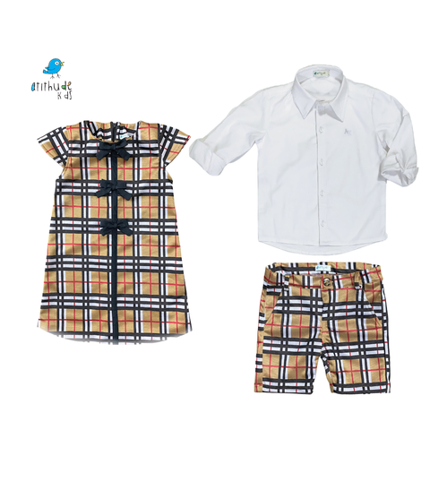 Conjunto irmãos xadrez /inspiracao Burberry - Vestido e Bermuda (duas peças)