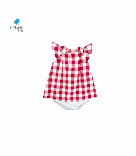 Vestido Carol - xadrez vermelho com branco c/ calcinha ( 2 pçs)