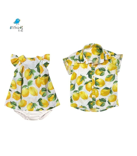 Conjunto irmãos | Limões - Camisa / Vestido com calcinha (3 peças)