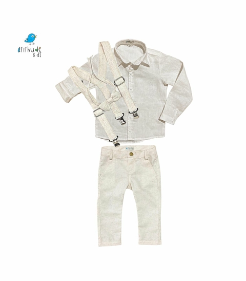 Conjunto Fausto - Calça Alfaiataria Linho, camisa linho off white e acessórios (4 peças) | Bege Claro | Linho