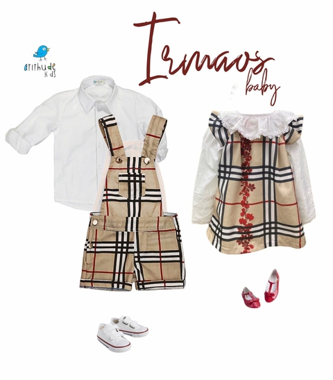 kit irmãos Macaquinho com camisa / vestido com camisa 4 pçs