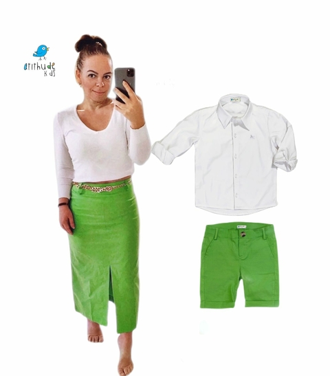 Kit Saia e bermuda Verde linho - | Tal mãe, tal filho (duas peças)