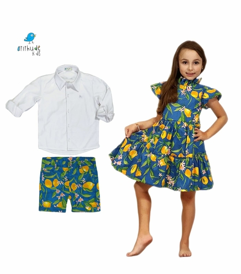 Conjunto irmãos | Limão aquarelado azul- Bermuda e Vestido midi (duas peças)