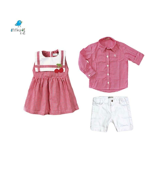 Conjunto irmãos cereja xadrez - Camisa e Vestido (duas peças)