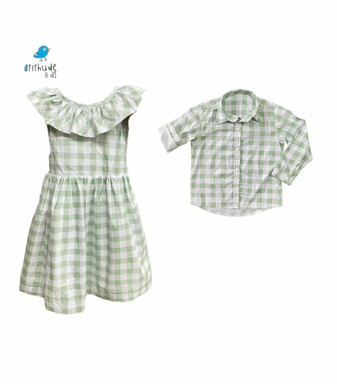 Conjunto irmãos xadrez verde menta- Camisa e Vestido (duas peças)