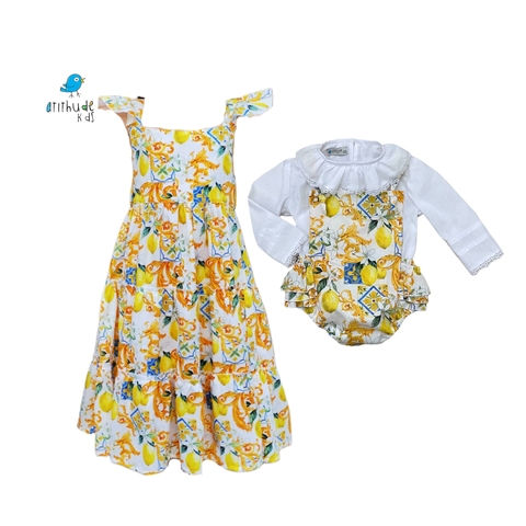 Conjunto irmãs Limões - Vestido e jardineira c batinha ( 3 peças)