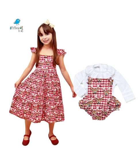 Conjunto irmãs Renas 3D - Vestido e jardineira c batinha ( 3 peças)