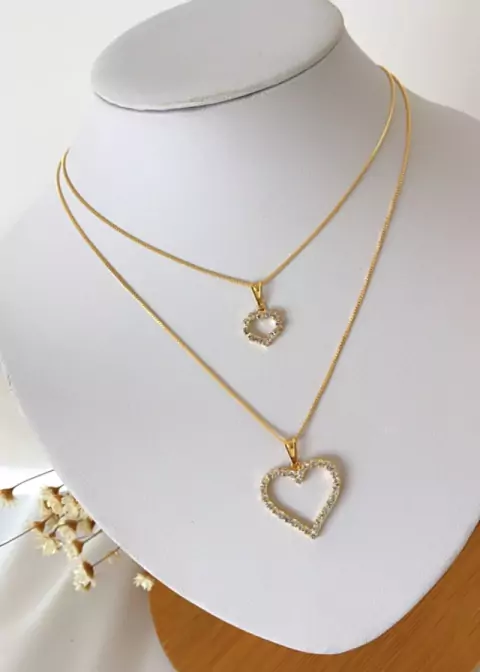 Colar Gargantilha Duplo Coração Dourado Banhado a Ouro 18k