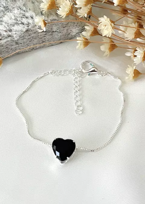 Pulseira Coração Preto Banhada a Prata 925