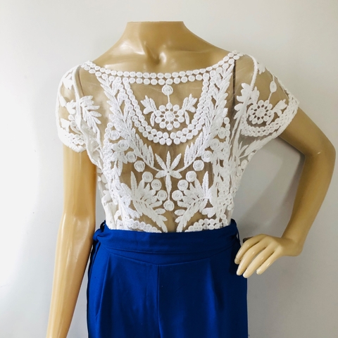 Blusa Bata Renda Branca Transparência Tam P/M