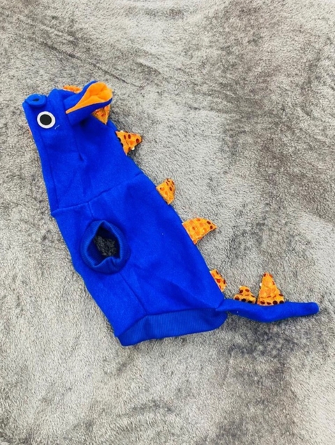 Roupinha Dinossauro Pet Gatos Cachorros Azul Capuz