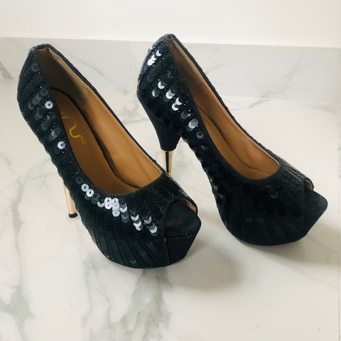 Sandália Peep Toe Paetês Salto Fino Preta Luxuosa 35/36