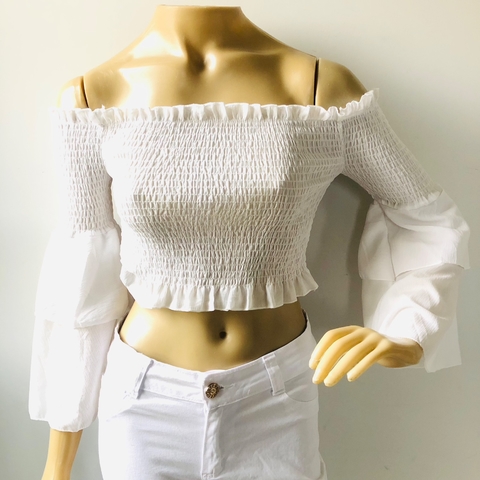 Top Blusa Cropped Ombro a Ombro Branco Manga Longa P