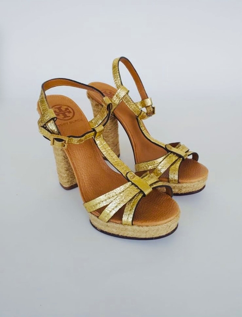Sandália Feminina Dourada Salto Grosso Tory Burch 36