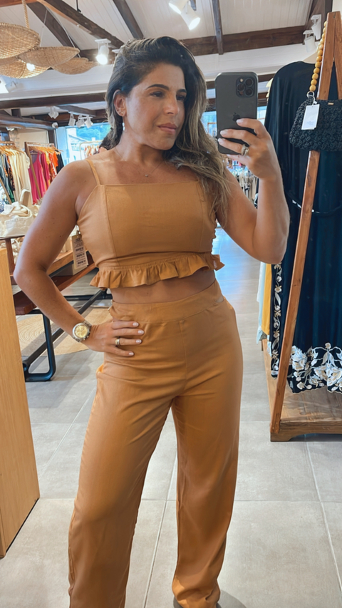 Calça De Linho Caramelo Com Abertura Lateral - Oh, Boy! | 2037666 - comprar online