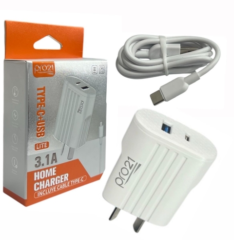 Cargador pro21 3.1A LITE TIPO-C Carga Rápida CON CABLE DESMONTABLE PD USB-USB C - comprar online