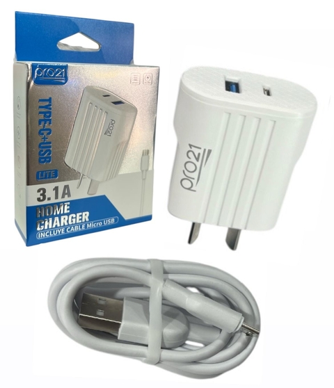 Cargador pro21 3.1A V8 Micro USB con CABLE DESMONTABLE PDusb a + USB c - comprar online