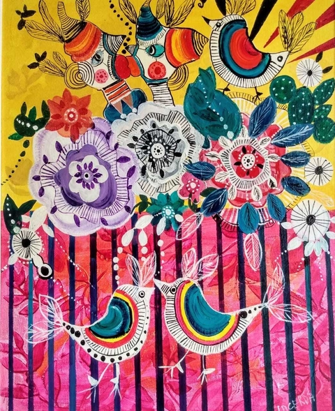 Festa No Jardim Quadro Pintado 40x50