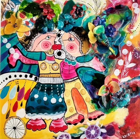 Quadro com Moldura Branca Pintado a moa Abraço 40x40
