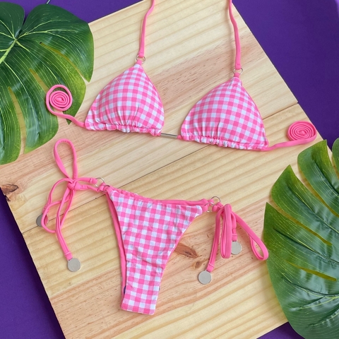 Biquíni Cortininha Reversível Rosa Xadrez