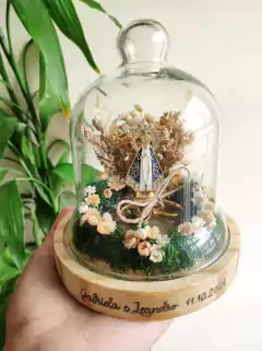 Cúpula base madeira - porta aliança Fé e Amor