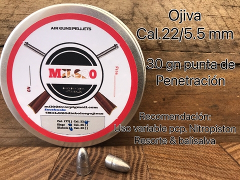 Ojiva cal.22/5.5 mm - 30 gn punta de penetración