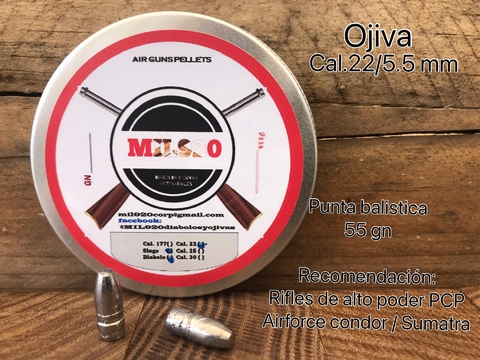 Ojiva Cal.22 / 5.5 mm 55 gn punta balistica