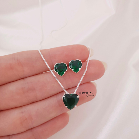 Conjunto Colar e Brinco Coração Verde Esmeralda Zircônia Folheado á Prata
