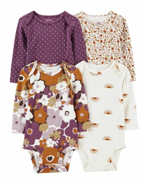 Kit Body Manga Longa Floral Lilás 4 pçs - CARTER´S