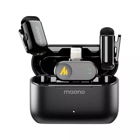 Kit Case com 2 Microfone Profissional de Lapela Sem Fio Maono Wave T1 Mini WM622 Lightning