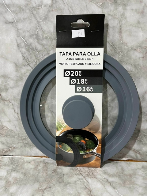 Tapa para olla ajustable 3 en 1 de vidrio templado y silicona – Ø20 cm, Ø18 cm y Ø16 cm. COD: 810.