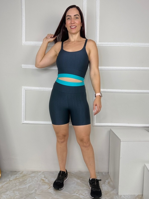 Conjunto de Short em poliamida Micro Canelado com Cós Azul