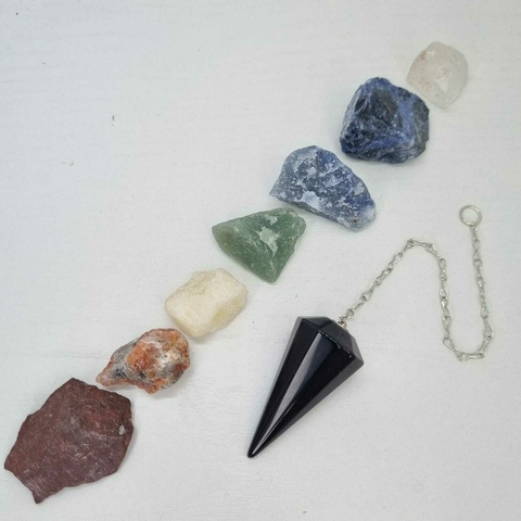 KIT CHAKRAS + PÉNDULO OBSIDIANA NEGRA