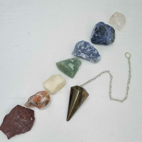 KIT CHAKRAS + PÉNDULO DE OJO DE TIGRE