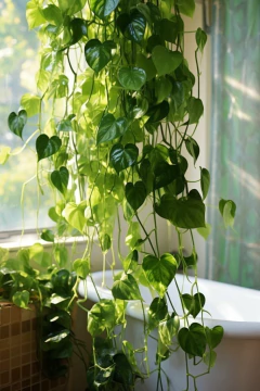 Planta Cordatum Verde Oscuro Largo con hojas en forma de corazón, colgando junto a una ventana iluminada.