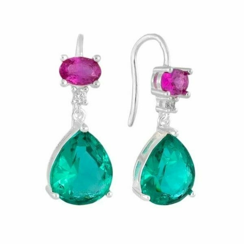 Brinco gota verde e pedra rosa