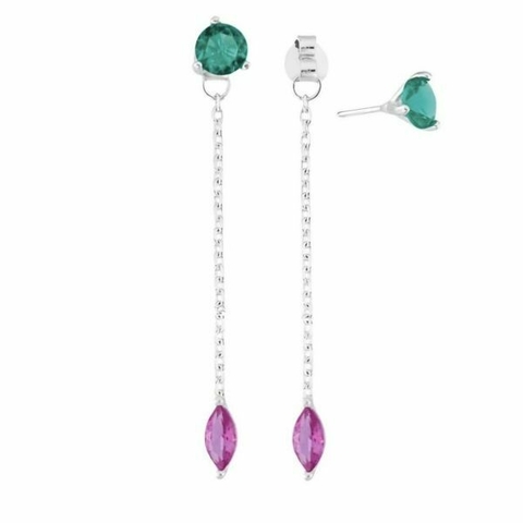 Brinco pedras verde pendente rosa