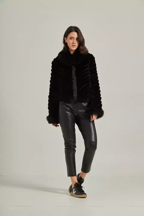 Casaco pele gola fox - Preto